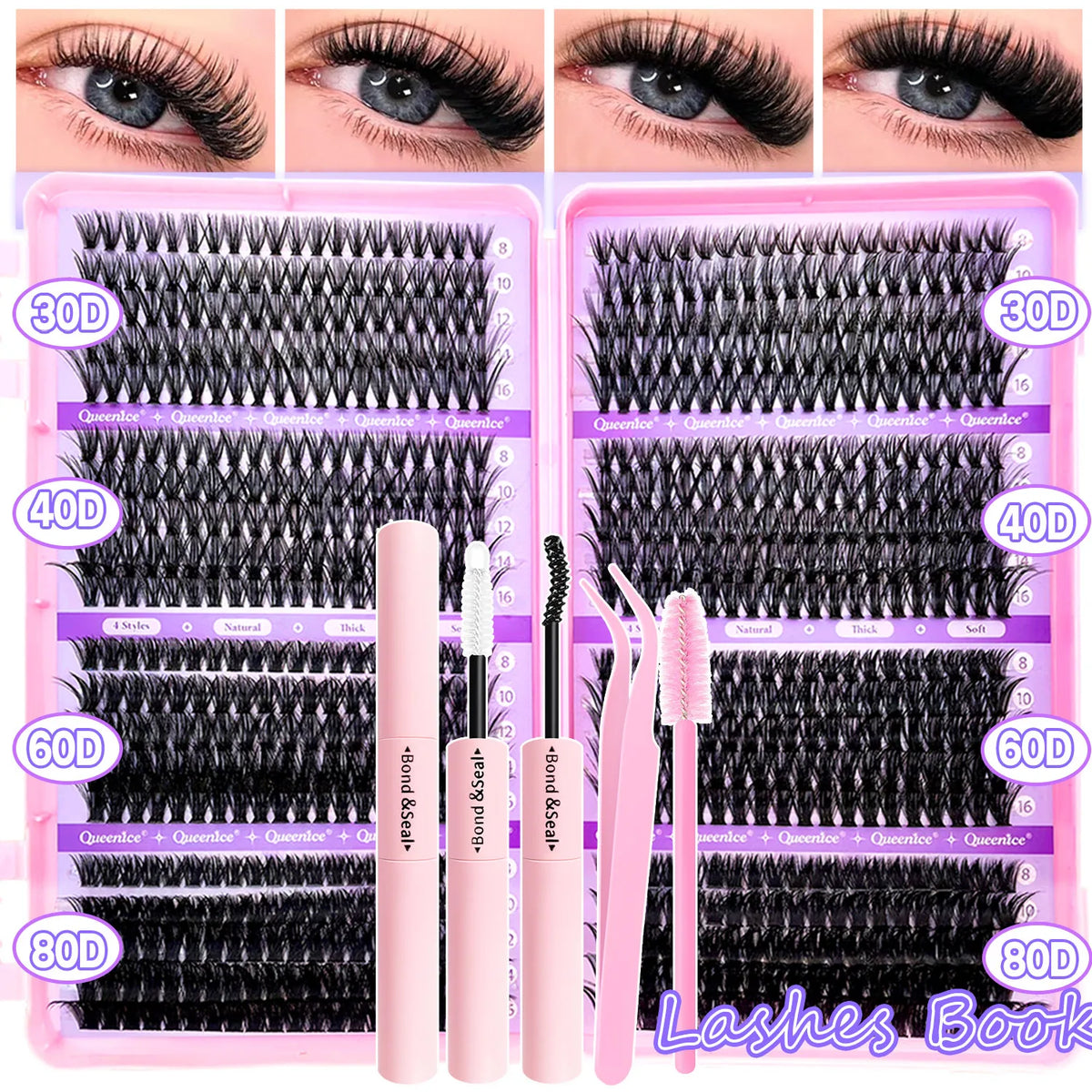 QUEENICE Cluster DIY Lash Extension Mixed Tray — Fluffy Individual & Cat Eye Cluster Lashes