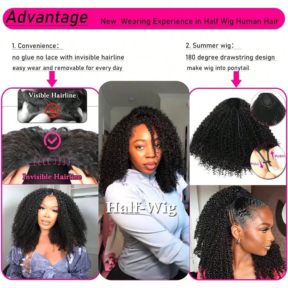 Jerry Curly Headband Wig – Kinky Curly Human Hair, 3-in-1 Clip-In, No Sew-In Needed