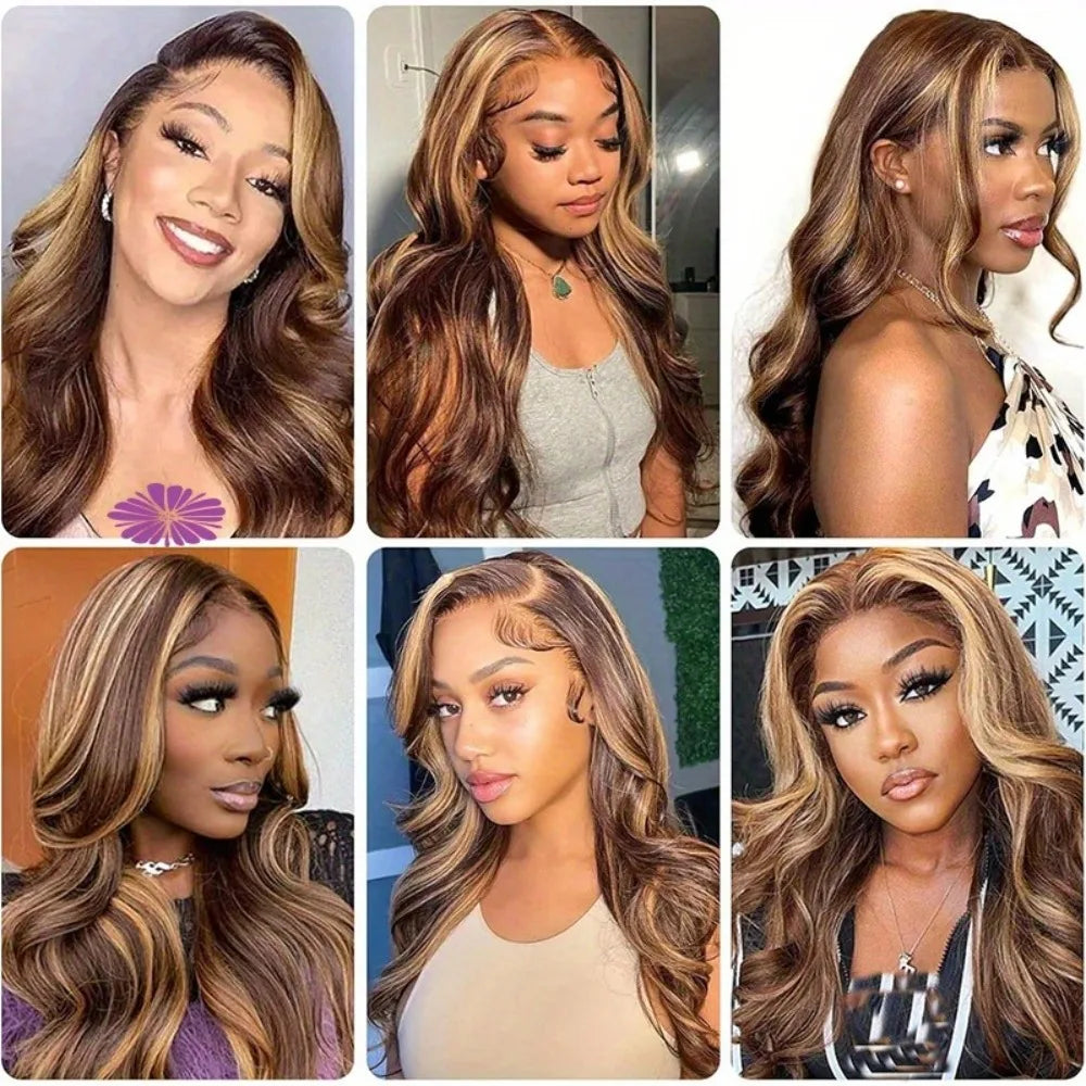 13x4 HD Lace Front Wig – Honey Blonde Ombre #4/27 Highlight Body Wave Human Hair, up to 30"