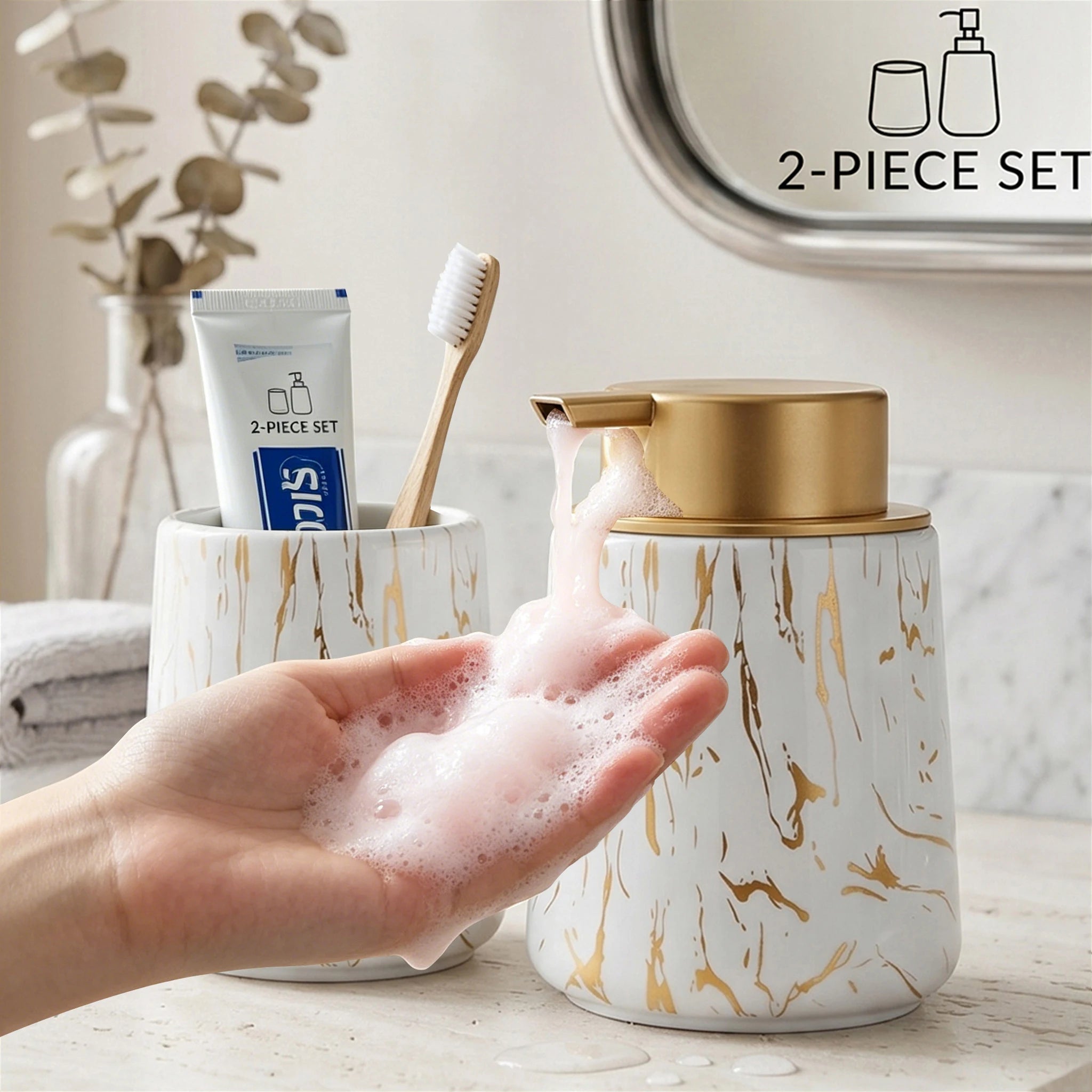 Bathroom Accessories Set - Foam Soap Dispenser with Gold Pump& Toothbrush Holder, Modern Vanity Organizer for Bathroom Kitchen