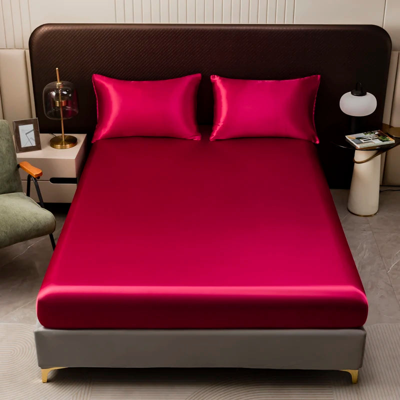 Satin Fitted Sheet Set | 3-Piece | Ice Silk Feel | 8 Colors | Twin to King