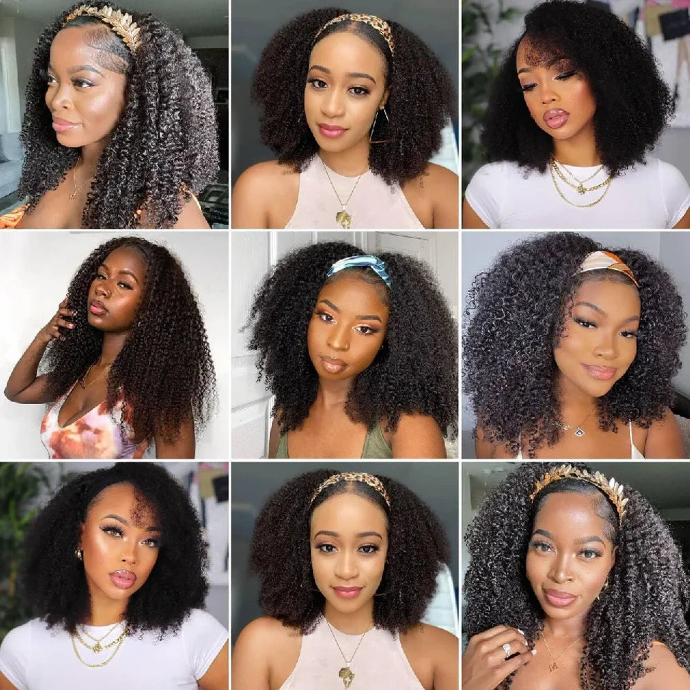 3-in-1 Drawstring Headband Wig – Kinky Curly Human Hair, Seamless, 16"