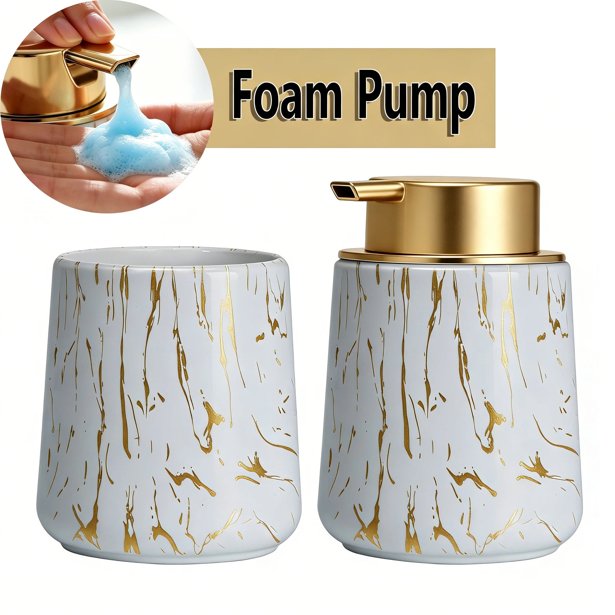Bathroom Accessories Set - Foam Soap Dispenser with Gold Pump& Toothbrush Holder, Modern Vanity Organizer for Bathroom Kitchen