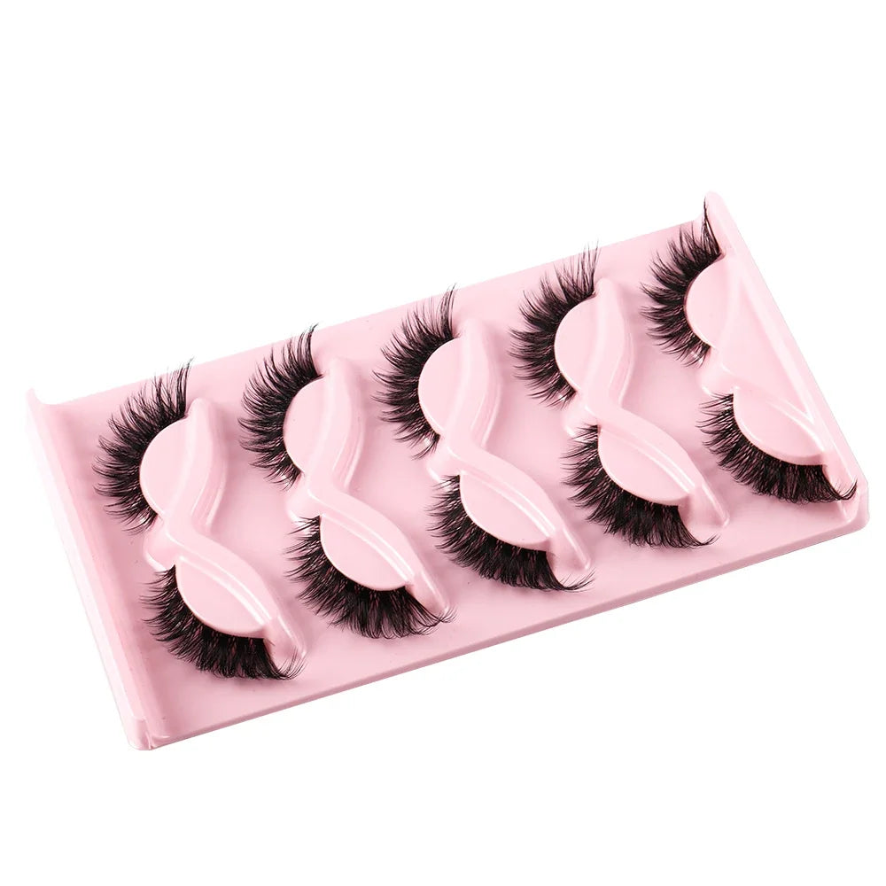 5 Pairs Cat Eye Faux Mink Manga Lashes — Natural Long Winged Strip False Eyelashes for Eye Makeup