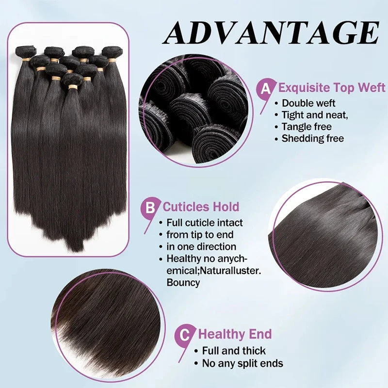 Brazilian Human Hair Bundles – Straight Remy Weave, Natural Black, 10–38 Inches