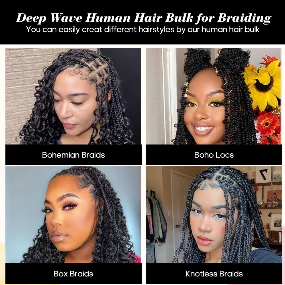 Bulk Human Braiding Hair for Boho Braids – Brazilian Virgin Deep Wave, 100g, 14"