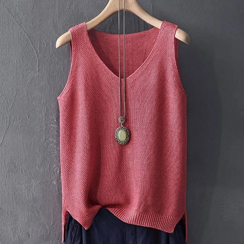 Women's Sleeveless Knitted V-Neck Blouse