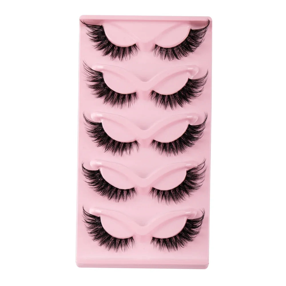 5 Pairs Cat Eye Faux Mink Manga Lashes — Natural Long Winged Strip False Eyelashes for Eye Makeup