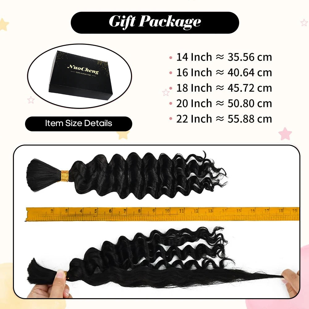 Bulk Human Braiding Hair for Boho Braids – Brazilian Virgin Deep Wave, 100g, 14"
