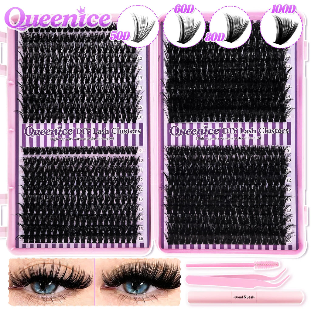 QUEENICE Cluster DIY Lash Extension Mixed Tray — Fluffy Individual & Cat Eye Cluster Lashes