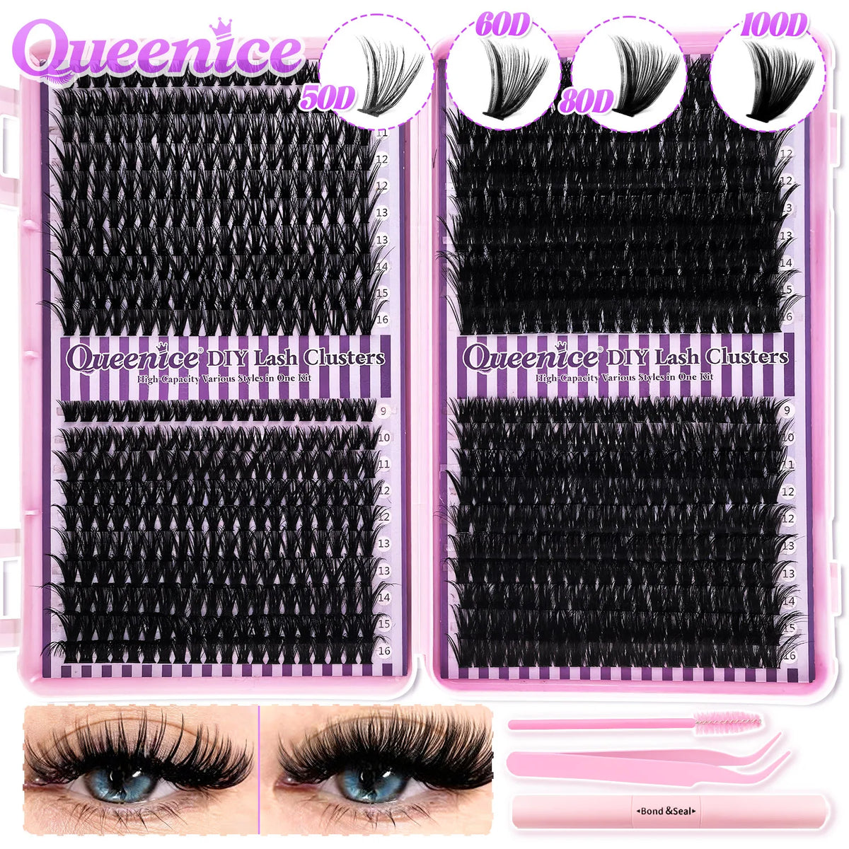 QUEENICE Cluster DIY Lash Extension Mixed Tray — Fluffy Individual & Cat Eye Cluster Lashes