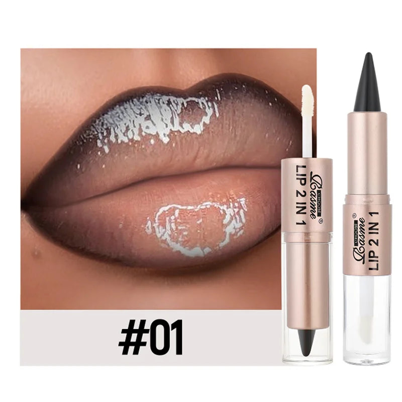 2-in-1 Tapered Gradient Lipliner Pen — Matte Lip Liner & Mirror Glass Lip Gloss Waterproof Lip Contour