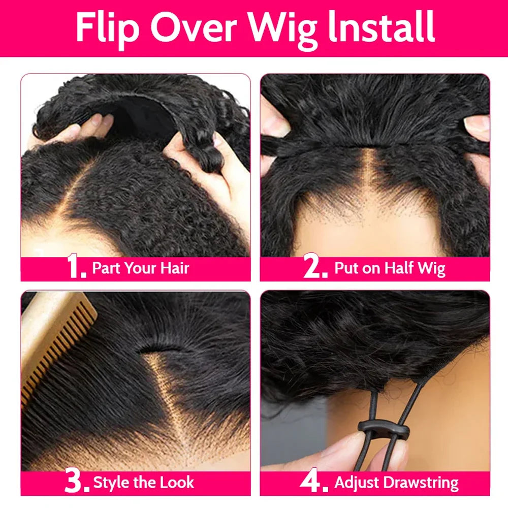 3-in-1 Drawstring Headband Wig – Kinky Curly Human Hair, Seamless, 16"