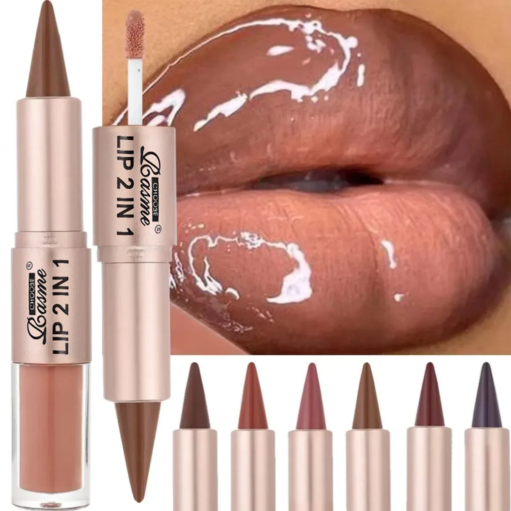 2-in-1 Tapered Gradient Lipliner Pen — Matte Lip Liner & Mirror Glass Lip Gloss Waterproof Lip Contour