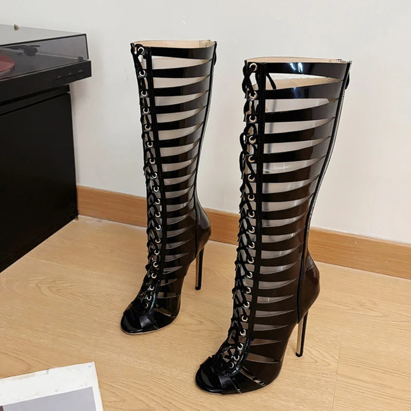 Women's Hollow-Out Cross-Strap Knee-High Boot Sandals – Peep Toe Heel