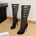 Women's Hollow-Out Cross-Strap Knee-High Boot Sandals – Peep Toe Heel