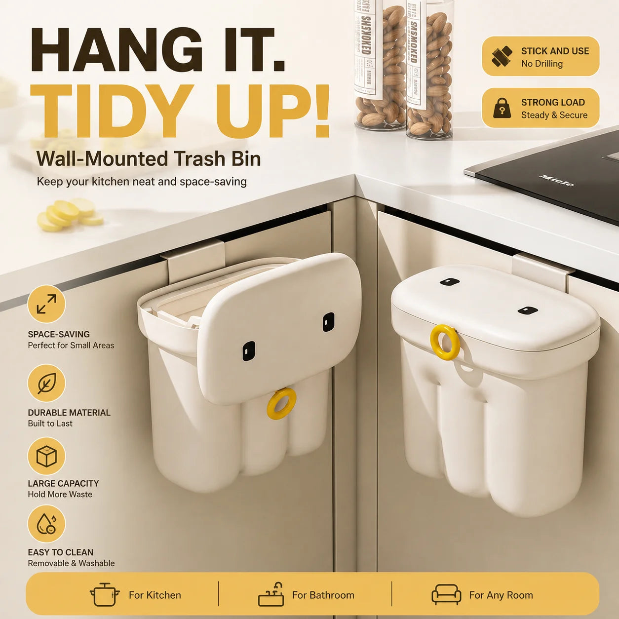 Kitchen garbage bin, household with lid, wall mounted garbage bin, no bending, large capacity, bathroom, hanging garbage bin