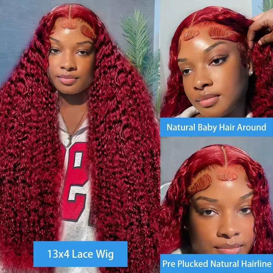 13x6/13x4 HD Lace Frontal Wig – Burgundy #99J Water Wave Curly Human Hair, up to 38"