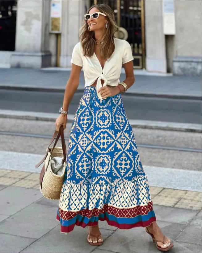 Boho Printed Swing Midi Skirt