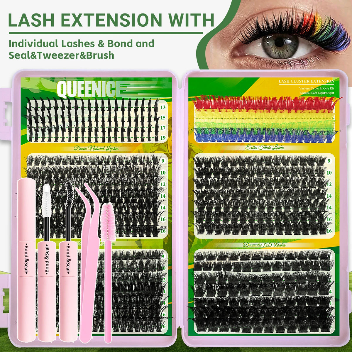 QUEENICE Cluster DIY Lash Extension Mixed Tray — Fluffy Individual & Cat Eye Cluster Lashes