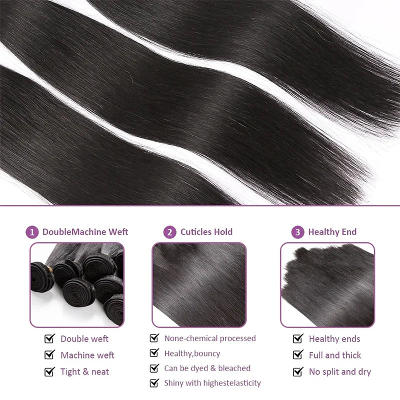 Brazilian Human Hair Bundles – Straight Remy Weave, Natural Black, 10–38 Inches