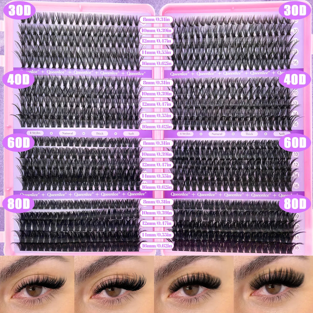 QUEENICE Cluster DIY Lash Extension Mixed Tray — Fluffy Individual & Cat Eye Cluster Lashes