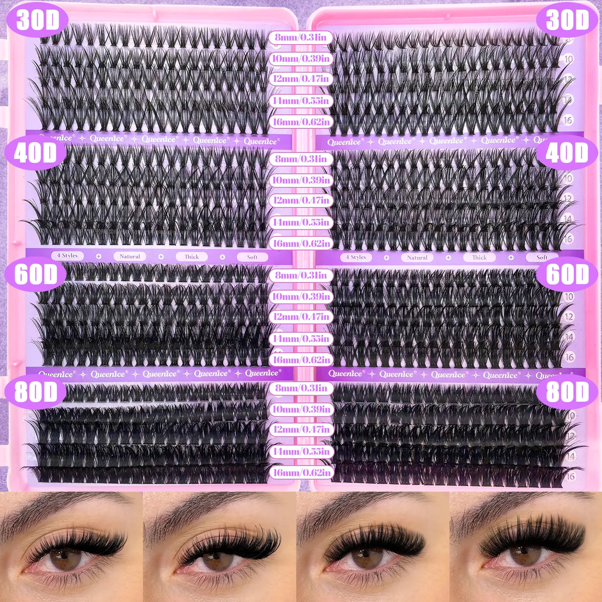 QUEENICE Cluster DIY Lash Extension Mixed Tray — Fluffy Individual & Cat Eye Cluster Lashes
