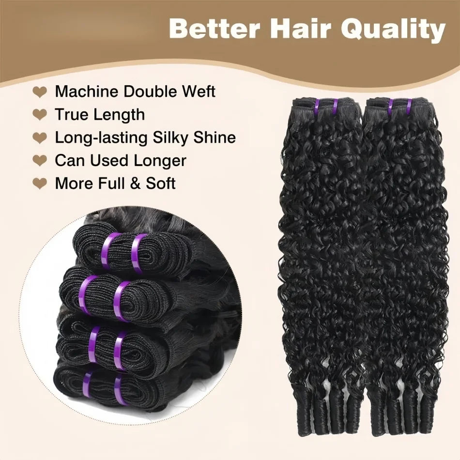 32" Burmese Curly Human Hair Bundles – Virgin Raw Water Wave Extensions, Natural Black