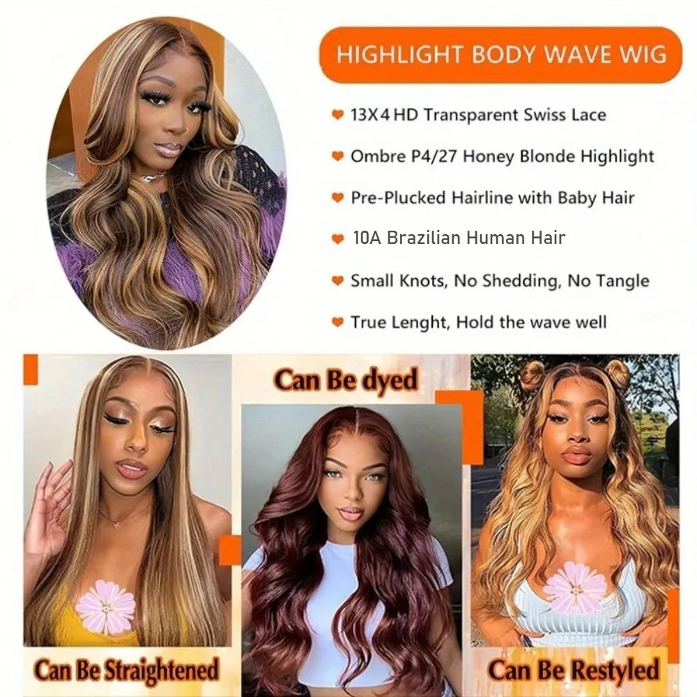 13x4 HD Lace Front Wig – Honey Blonde Ombre #4/27 Highlight Body Wave Human Hair, up to 30"