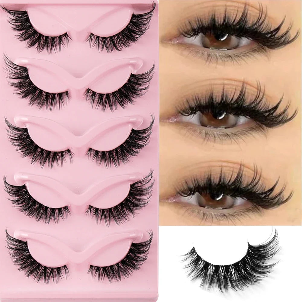 5 Pairs Cat Eye Faux Mink Manga Lashes — Natural Long Winged Strip False Eyelashes for Eye Makeup