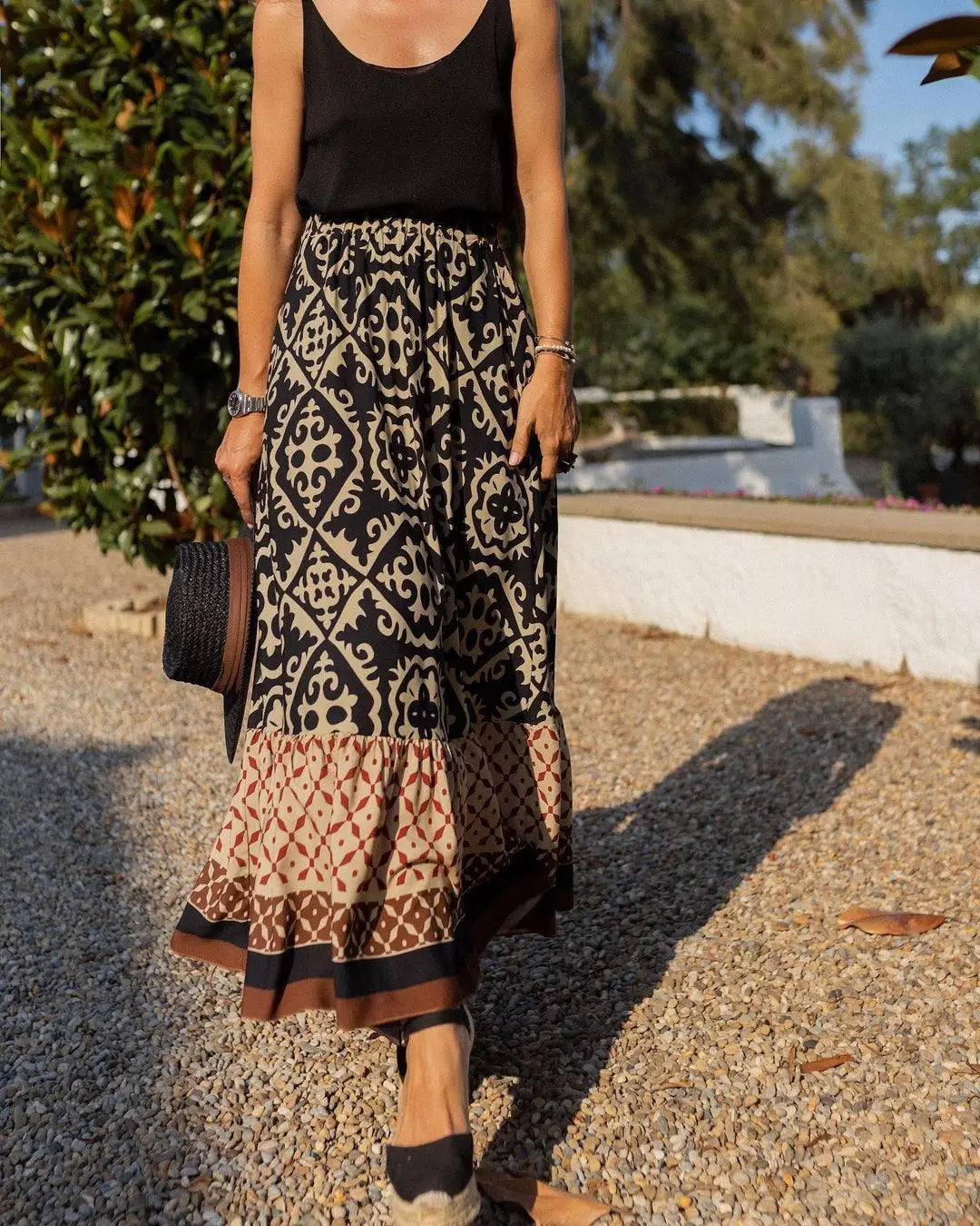 Boho Printed Swing Midi Skirt