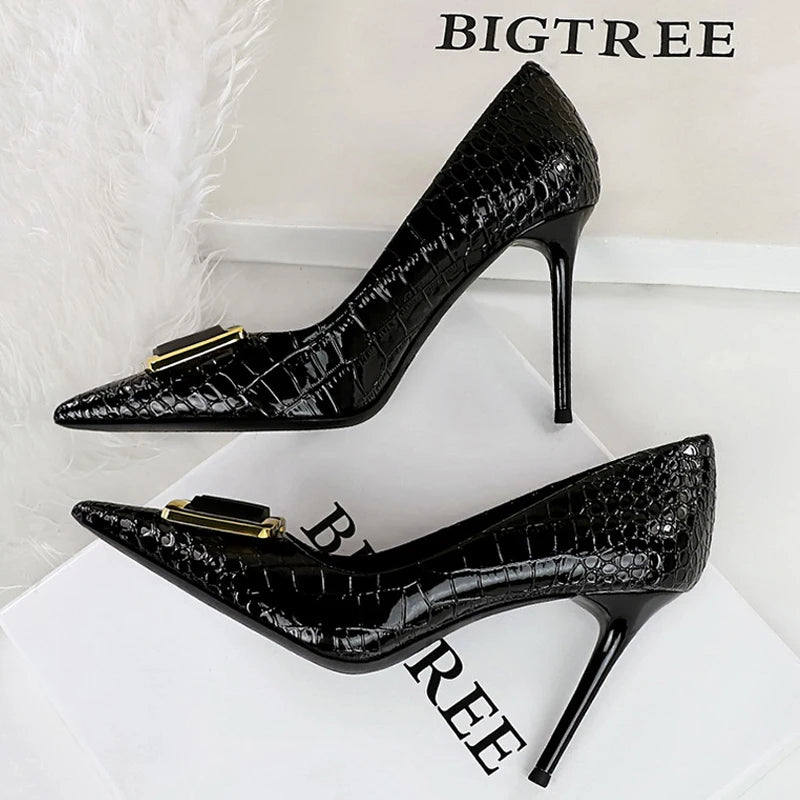 Women's Stiletto High Heel Pumps – Metal Buckle Patent Leather Party Shoes
