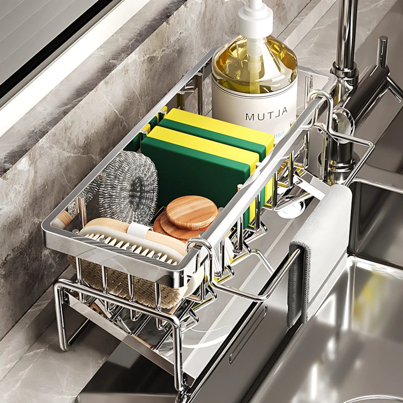Kitchen Shelf Cleaning Cloth Storage  Stainless Steel Dish Rack for Kitchen Counter, Extendable  Dish Drainers with Cutlery