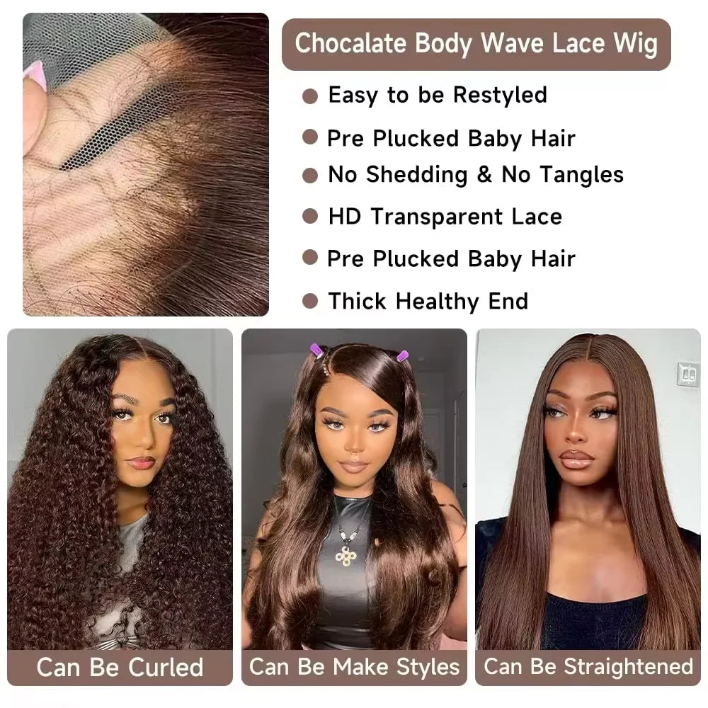 13x6/13x4 HD Lace Front Wig – Chocolate Brown Body Wave Human Hair, 200% Density, up to 46"