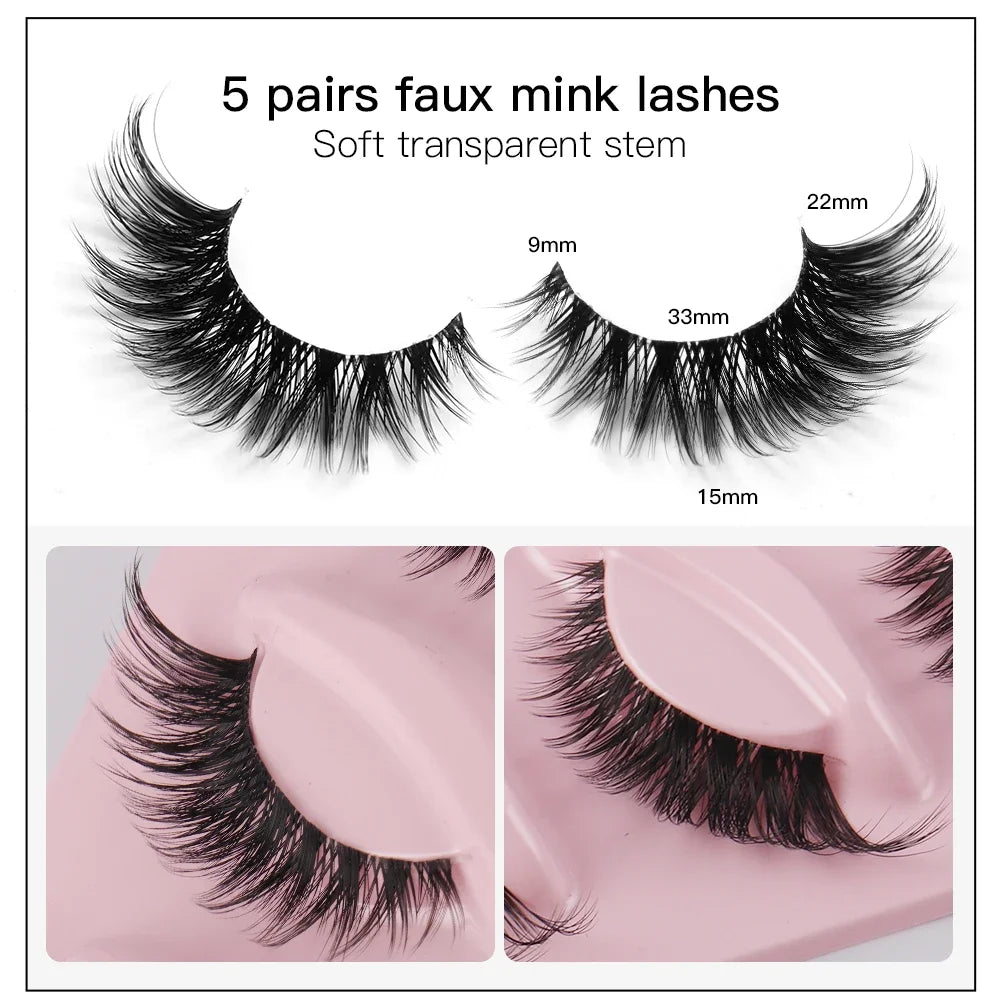 5 Pairs Cat Eye Faux Mink Manga Lashes — Natural Long Winged Strip False Eyelashes for Eye Makeup