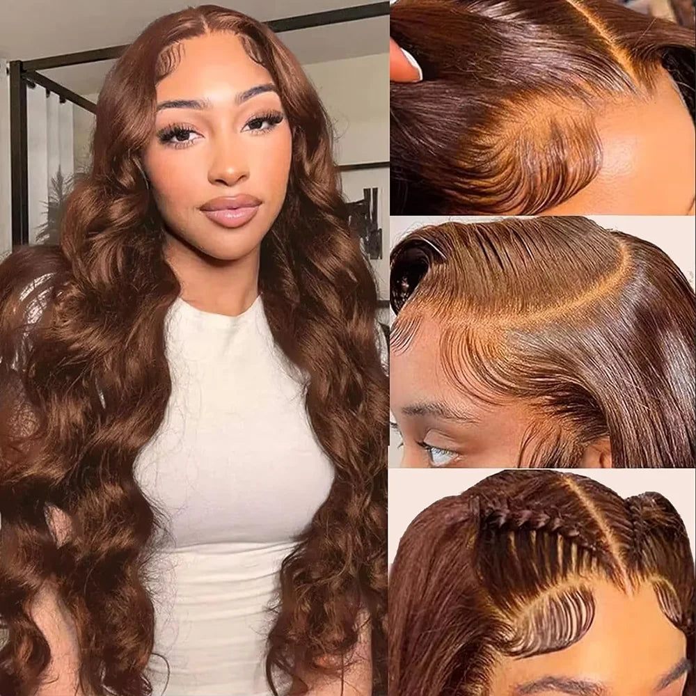 HD Lace Front Wig, Chocolate Brown Body Wave - detail view