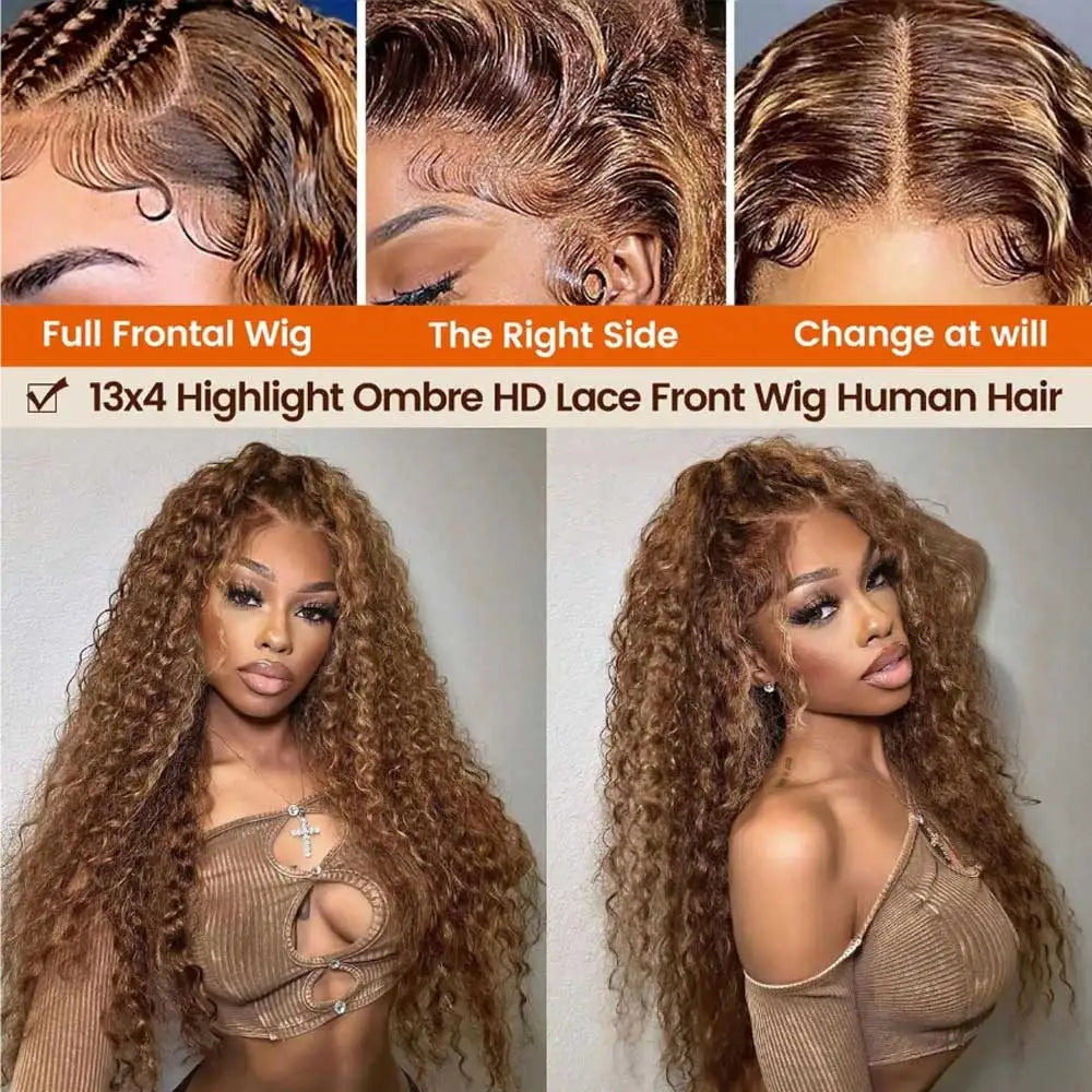 13x4 HD Lace Frontal Wig – Highlight Curly Human Hair, #4/27, Glueless, up to 34"