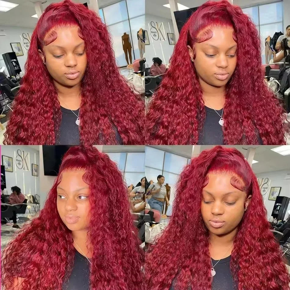 HD Lace Frontal Wig, Burgundy Water Wave Curly - detail view