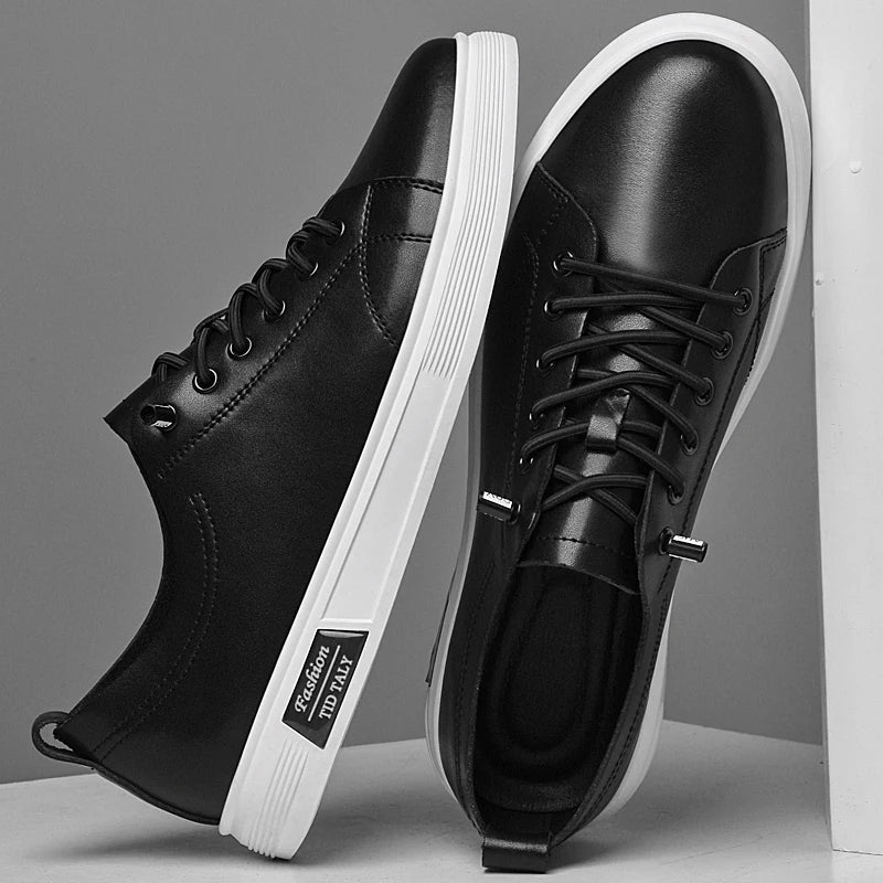 Men's Cowhide Leather Casual Sneakers – Flat Sole, Trendy Everyday Shoes