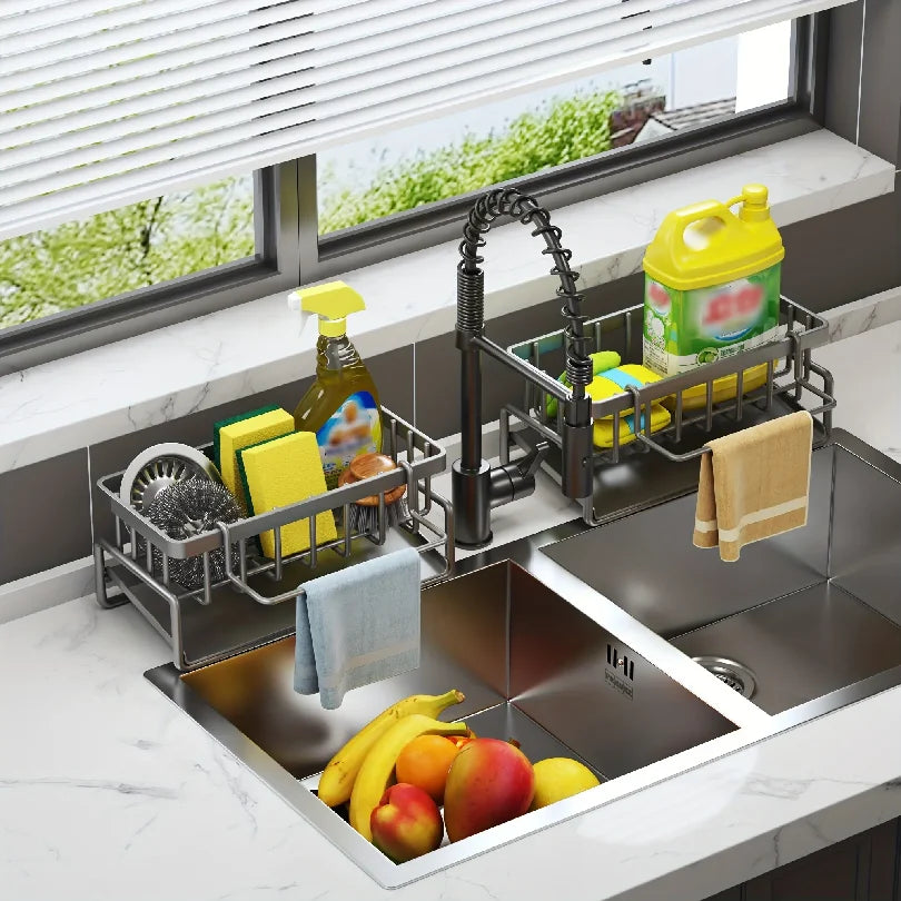 Kitchen Shelf Cleaning Cloth Storage  Stainless Steel Dish Rack for Kitchen Counter, Extendable  Dish Drainers with Cutlery