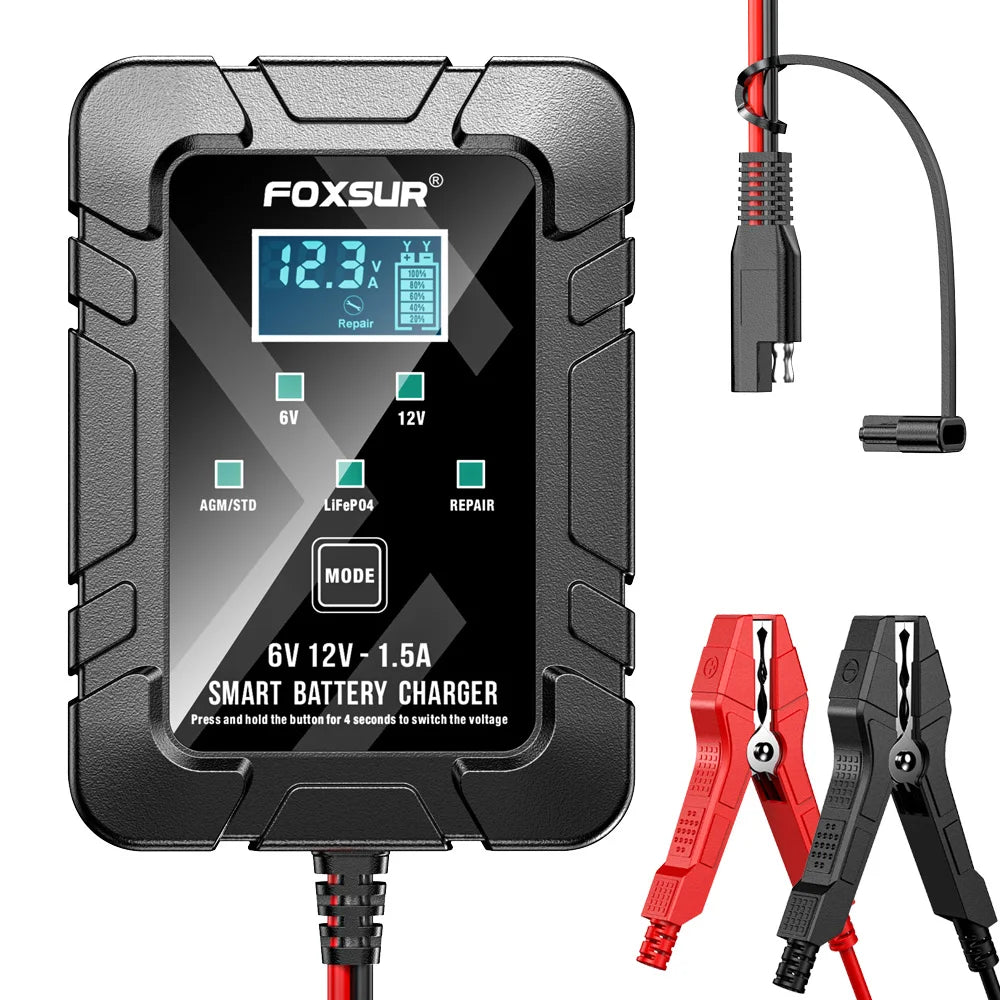 6V 12V 1.5A Fully Automatic Intelligent Car and Motorcycle Battery Charger for AGM GEL, Battery Repair Type Charger