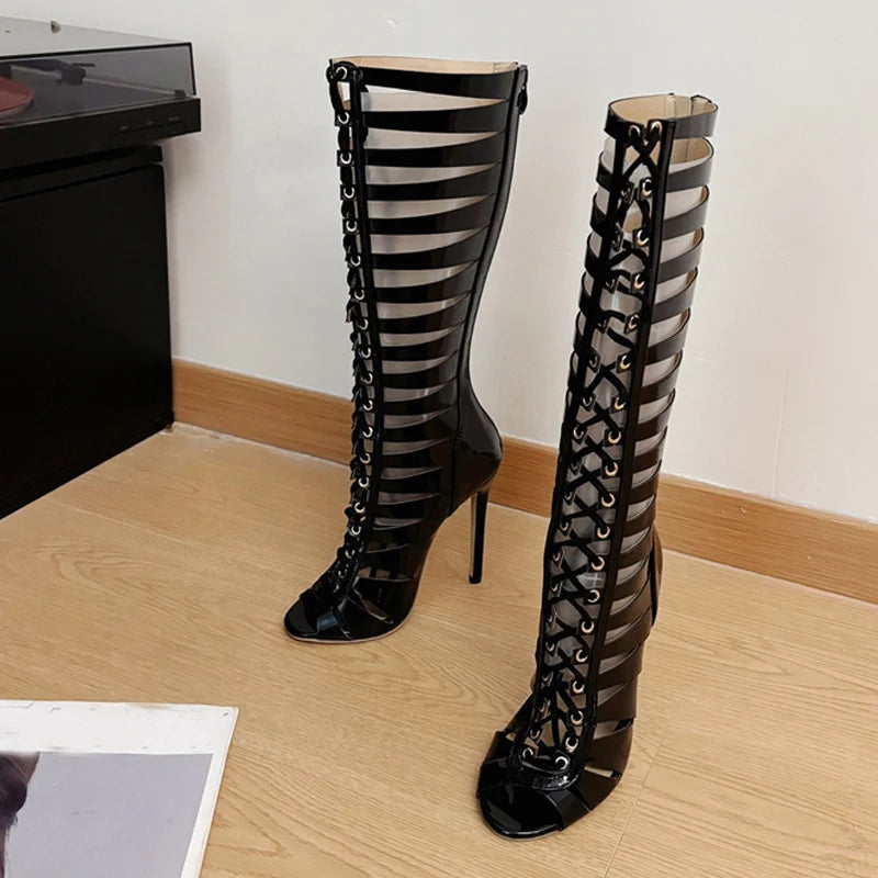 Women's Hollow-Out Cross-Strap Knee-High Boot Sandals – Peep Toe Heel