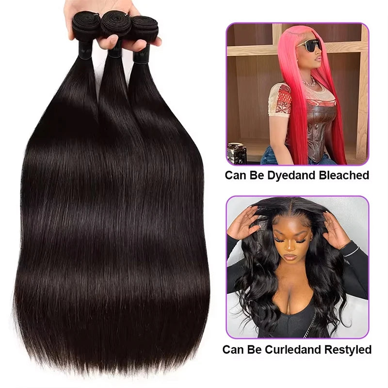 Brazilian Human Hair Bundles – Straight Remy Weave, Natural Black, 10–38 Inches