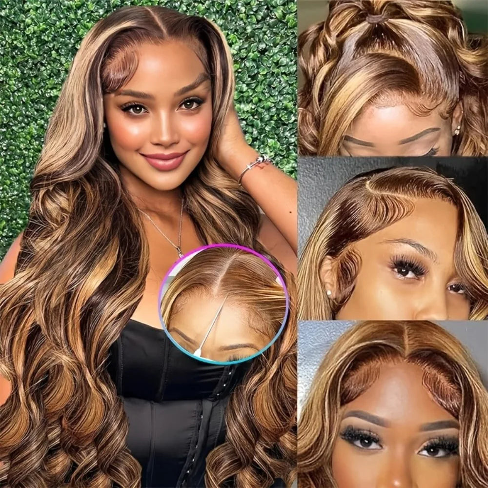 13x4 HD Lace Front Wig – Honey Blonde Ombre #4/27 Highlight Body Wave Human Hair, up to 30"