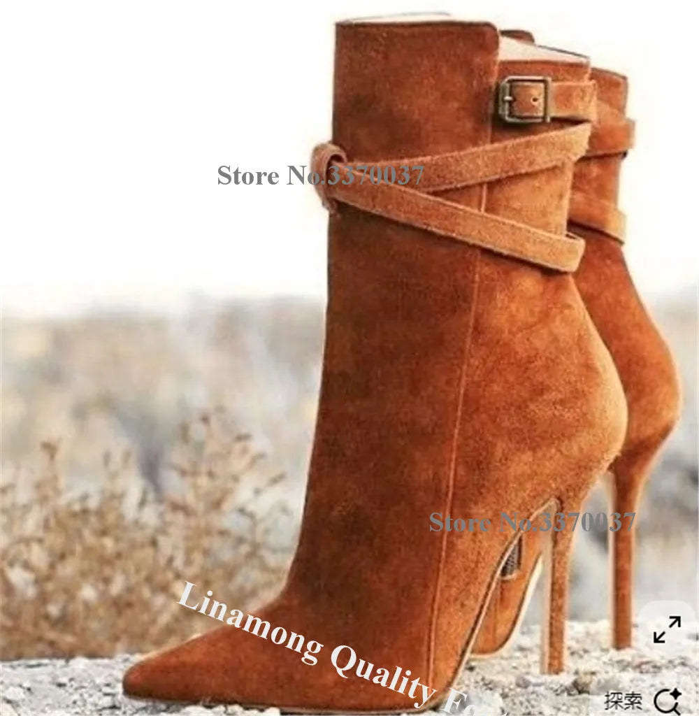Women's Suede Stiletto Ankle Booties – Pointed Toe with Buckle Straps