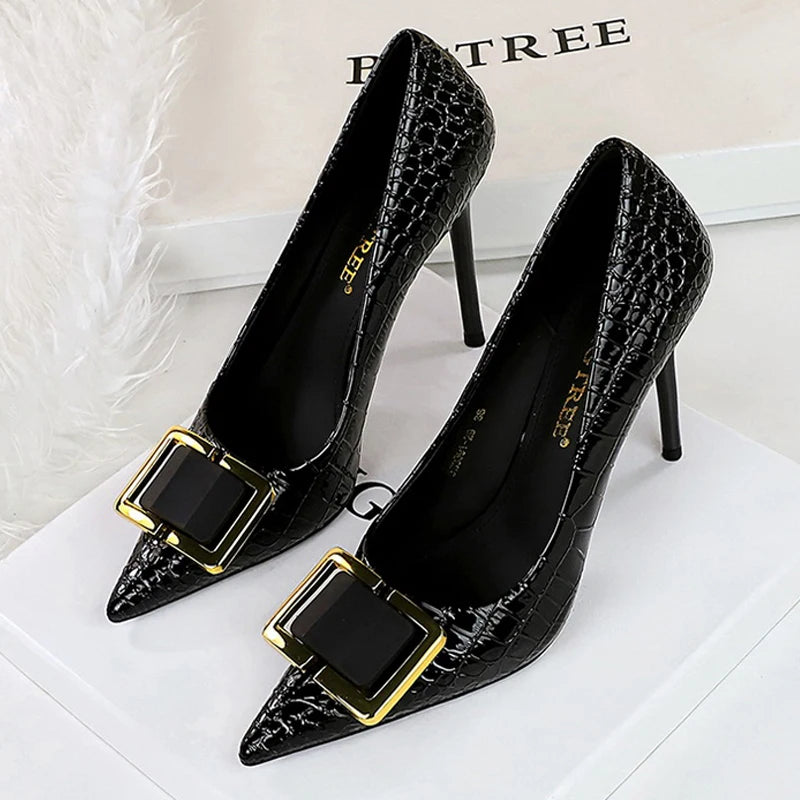 Women's Stiletto High Heel Pumps – Metal Buckle Patent Leather Party Shoes