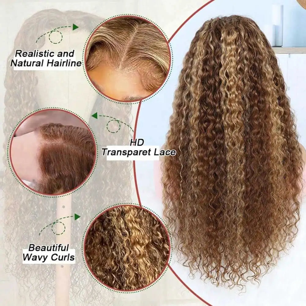 13x4 HD Lace Frontal Wig – Highlight Curly Human Hair, #4/27, Glueless, up to 34"