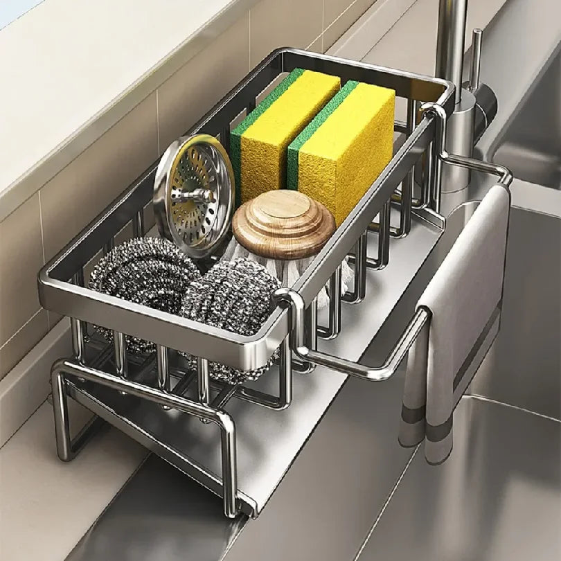 Kitchen Shelf Cleaning Cloth Storage  Stainless Steel Dish Rack for Kitchen Counter, Extendable  Dish Drainers with Cutlery