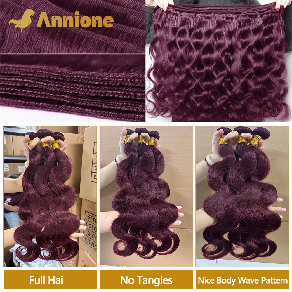 Burgundy #99J Body Wave Human Hair Bundles - detail view