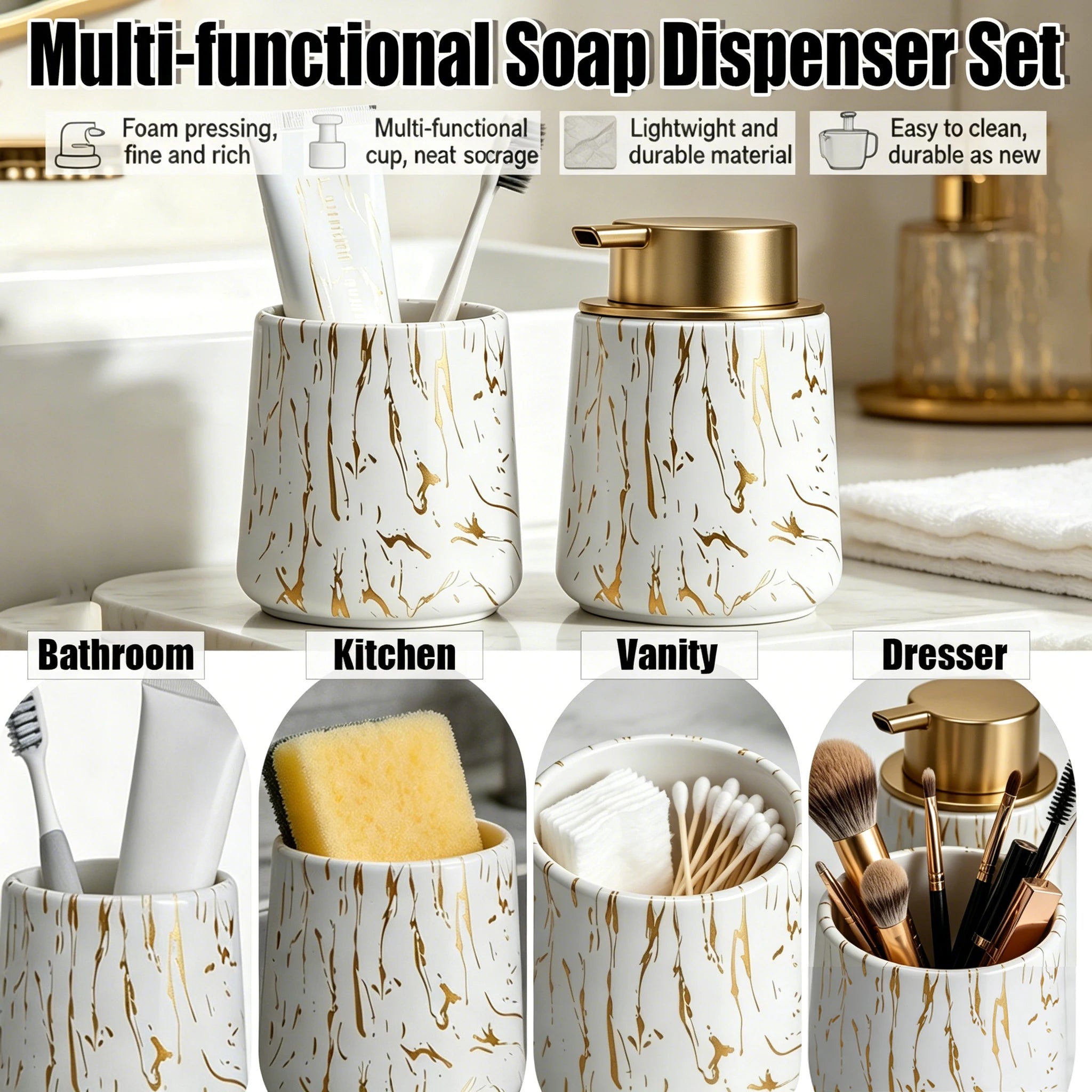 Bathroom Accessories Set - Foam Soap Dispenser with Gold Pump& Toothbrush Holder, Modern Vanity Organizer for Bathroom Kitchen